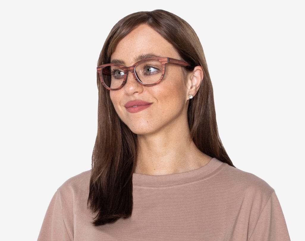 Woman wearing Charm Rose - Cat-Eye Eyeglasses made from Rose Wood