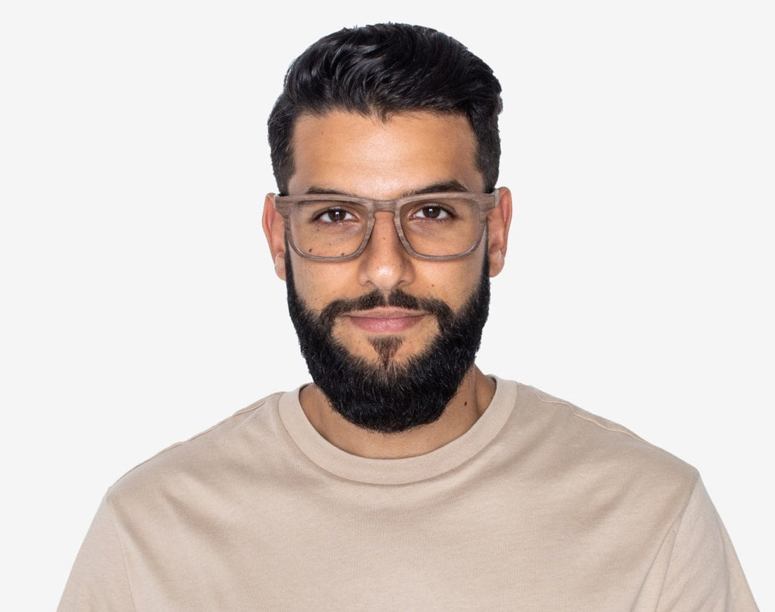 Man wearing Bold Brown - Rectangle Eyeglasses made from Oak Wood