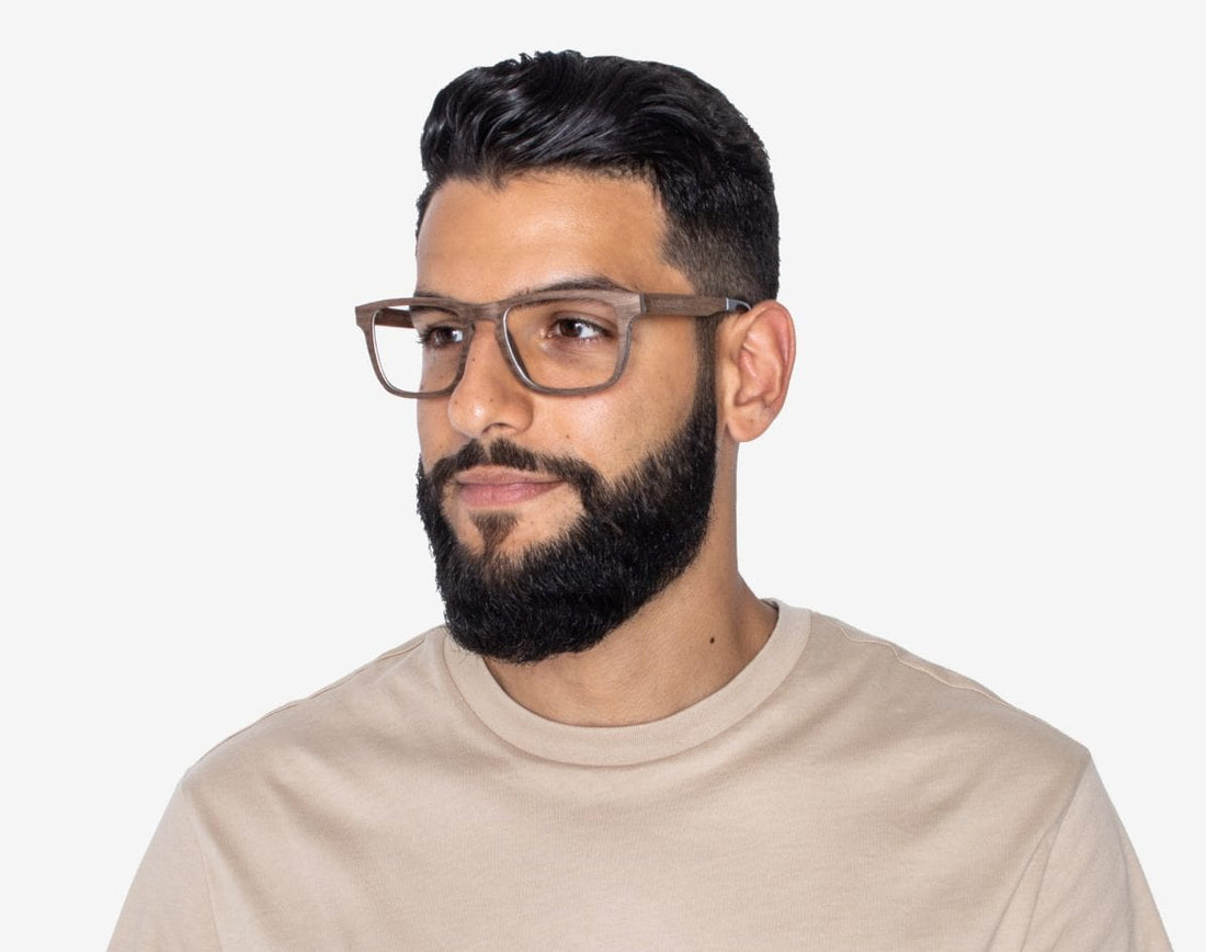 Man wearing Bold Brown - Rectangle Eyeglasses made from Oak Wood