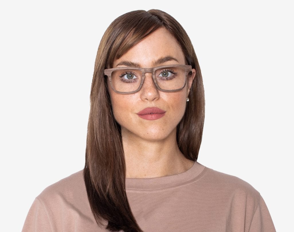 Woman wearing Bold Brown - Rectangle Eyeglasses made from Oak Wood