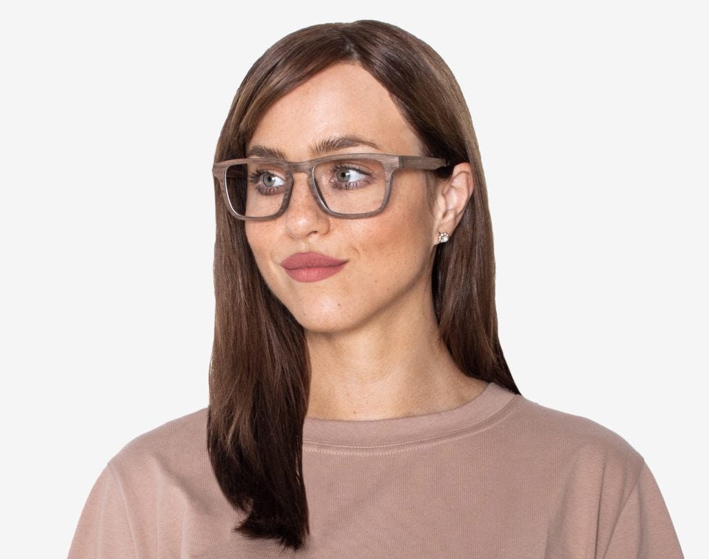 Woman wearing Bold Brown - Rectangle Eyeglasses made from Oak Wood