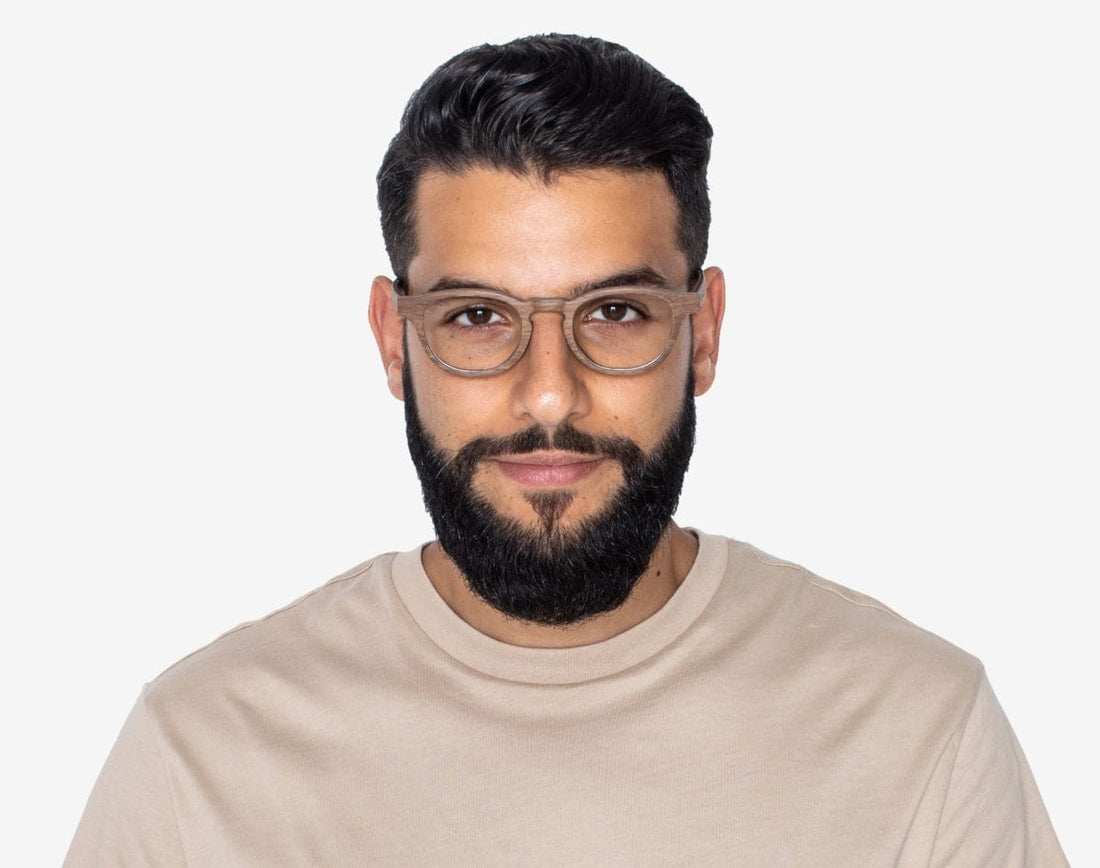 Man wearing Harmony Brown - Vintage Browline Eyeglasses made from Oak Wood