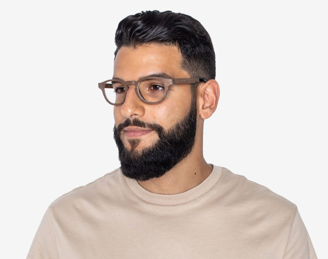 Man wearing Harmony Brown - Vintage Browline Eyeglasses made from Oak Wood