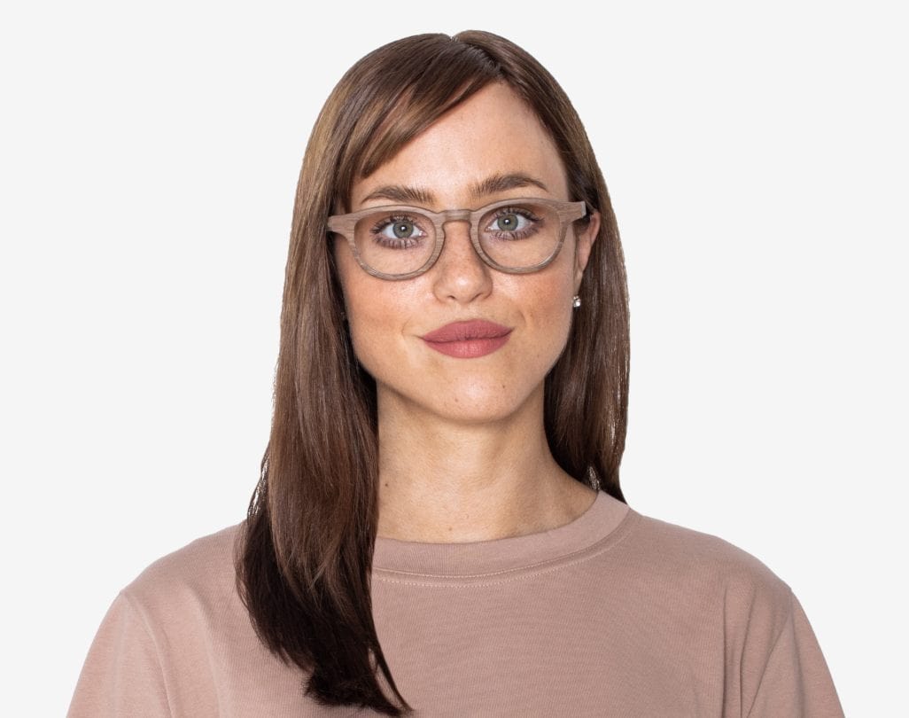 Woman wearing Harmony Brown - Vintage Browline Eyeglasses made from Oak Wood