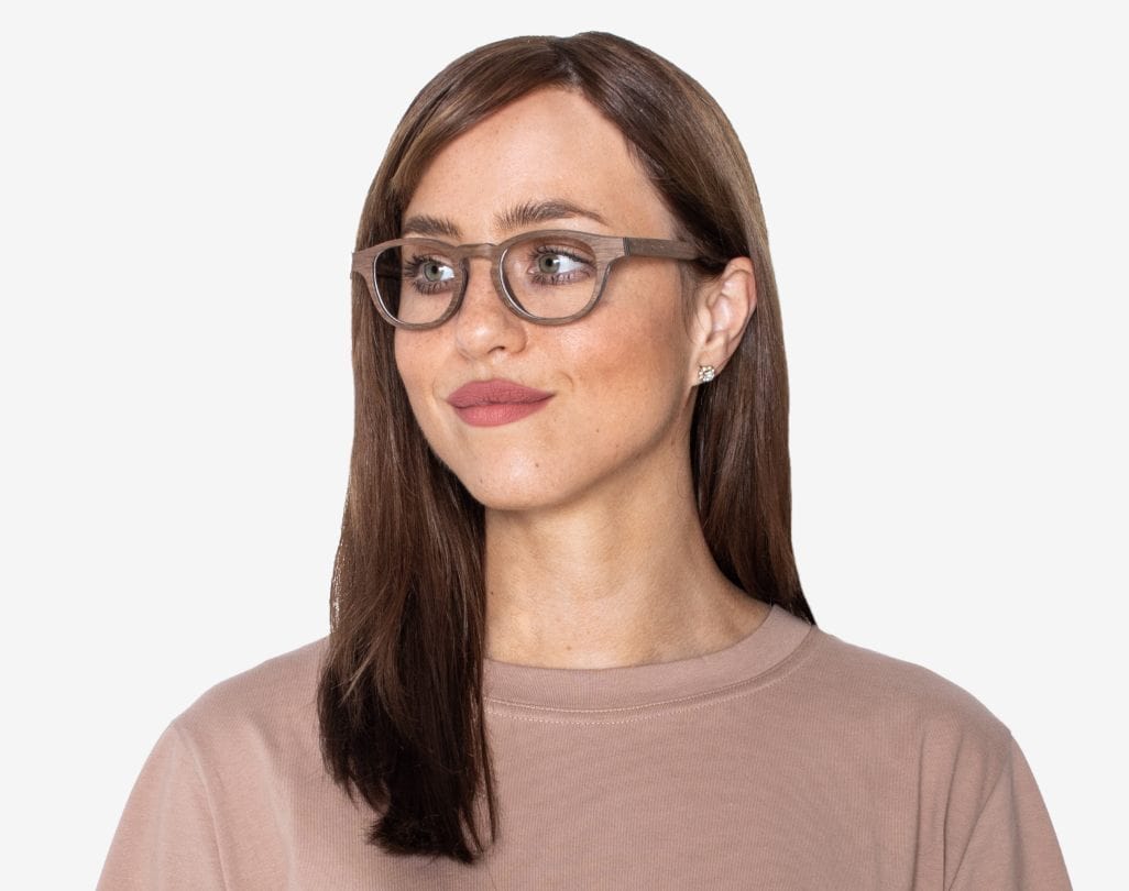 Woman wearing Harmony Brown - Vintage Browline Eyeglasses made from Oak Wood