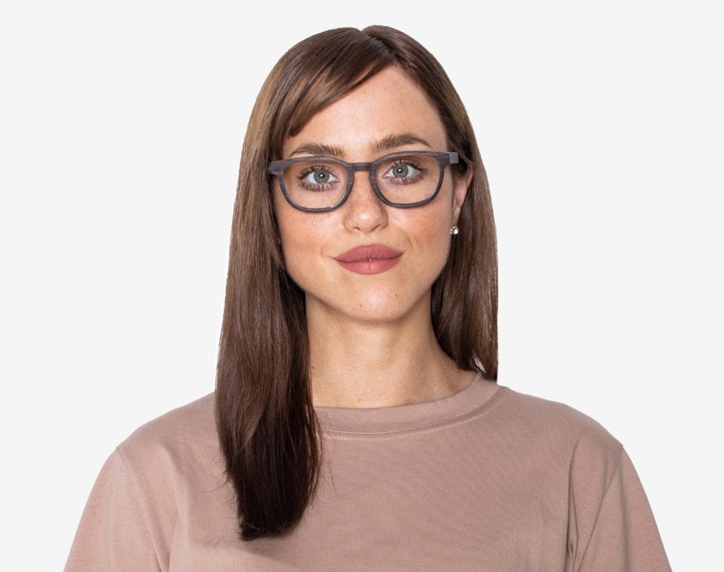 Woman wearing Bliss Purple - Small Rectangle Eyeglasses made from Sandal Wood