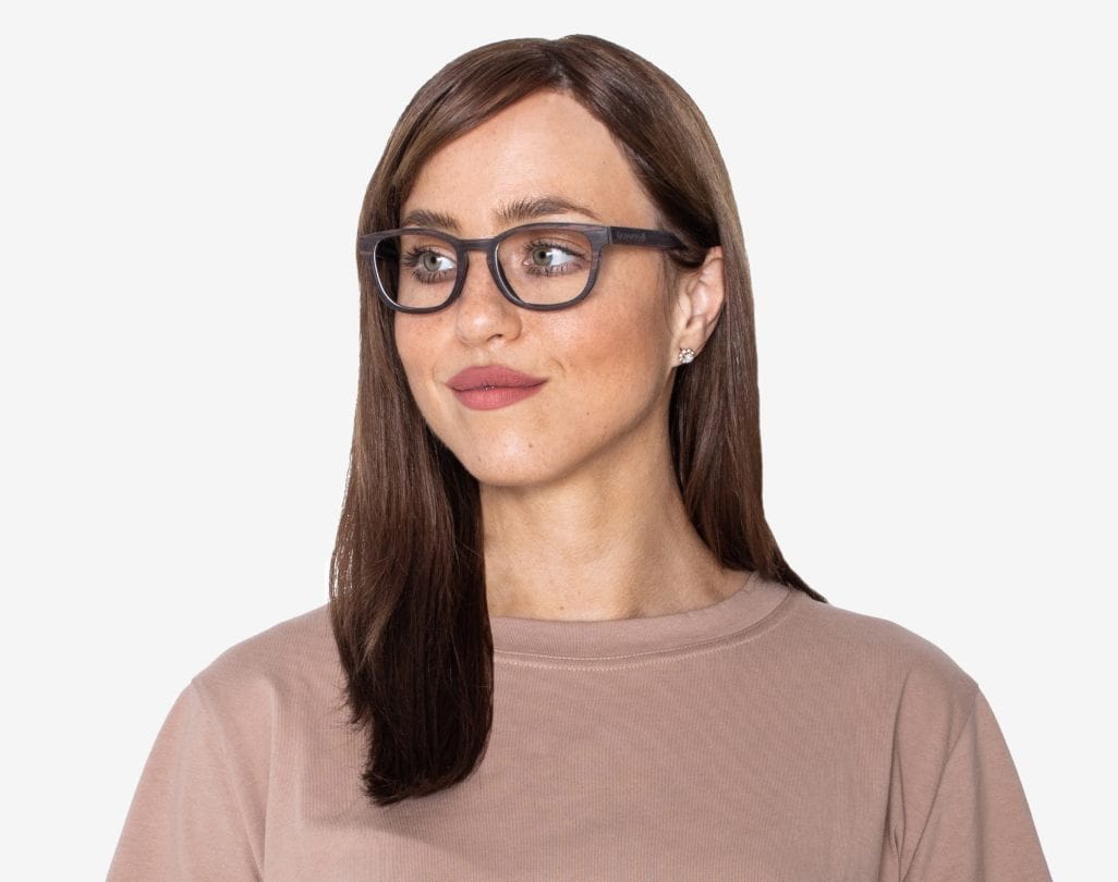 Woman wearing Bliss Purple - Small Rectangle Eyeglasses made from Sandal Wood