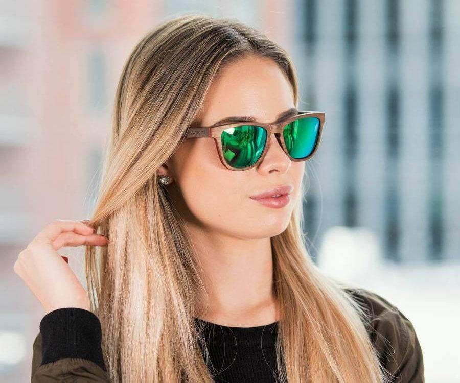 Woman wearing Kraywoods Racer, Green Mirror Sunglasses with Square Walnut Wood Frame and 100% UV Protection, Polarized Lenses