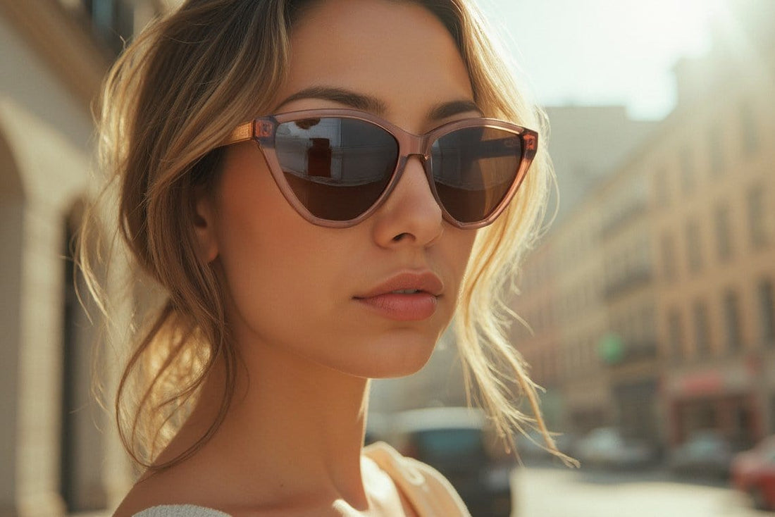 Mujer con Audrey, gafas de sol rosas sobredimensionadas de ojo de gato
