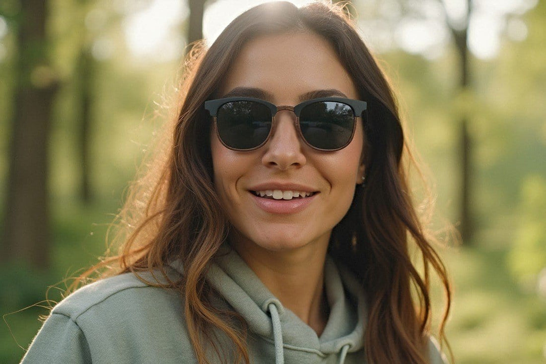 キャスパー、ブロウラインウッドサングラスをかけた女性