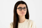 Wanita memakai Dash Navy, Retro Square Navy Blue Acetate Glasses